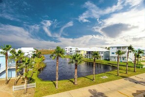 A waterfront residential area with houses, a canal, and palm trees.