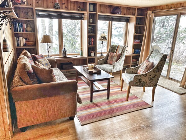 Téléviseur, foyer, lecteur de DVD, livres