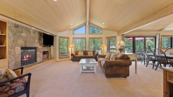 Télévision à écran plat, cheminée, lecteur de DVD, vidéothÚque