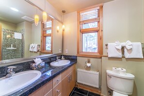 Combined shower/tub, hair dryer, towels