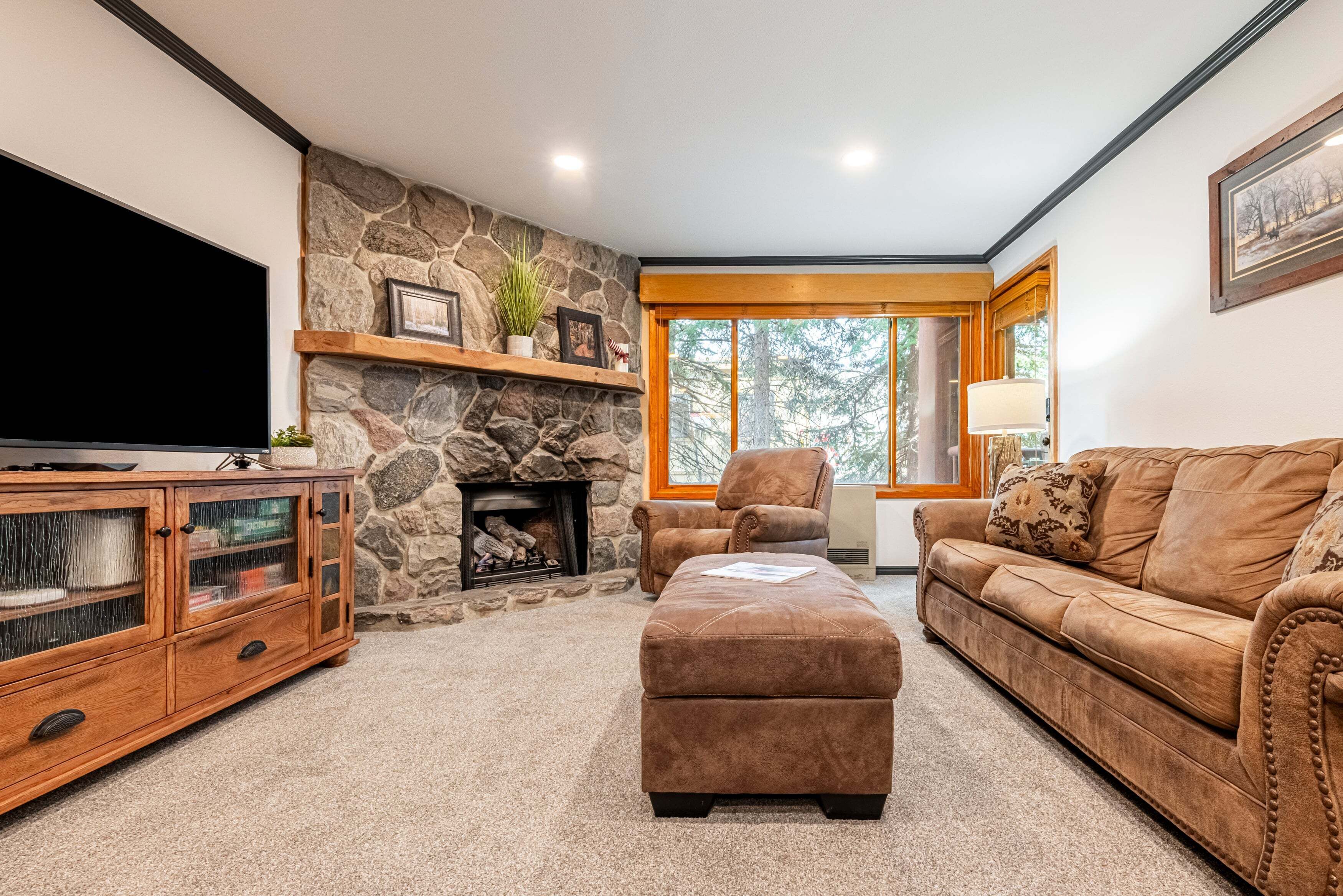 Flat-screen TV, fireplace