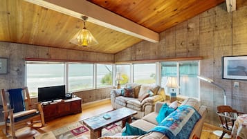 TV, fireplace, DVD player, books