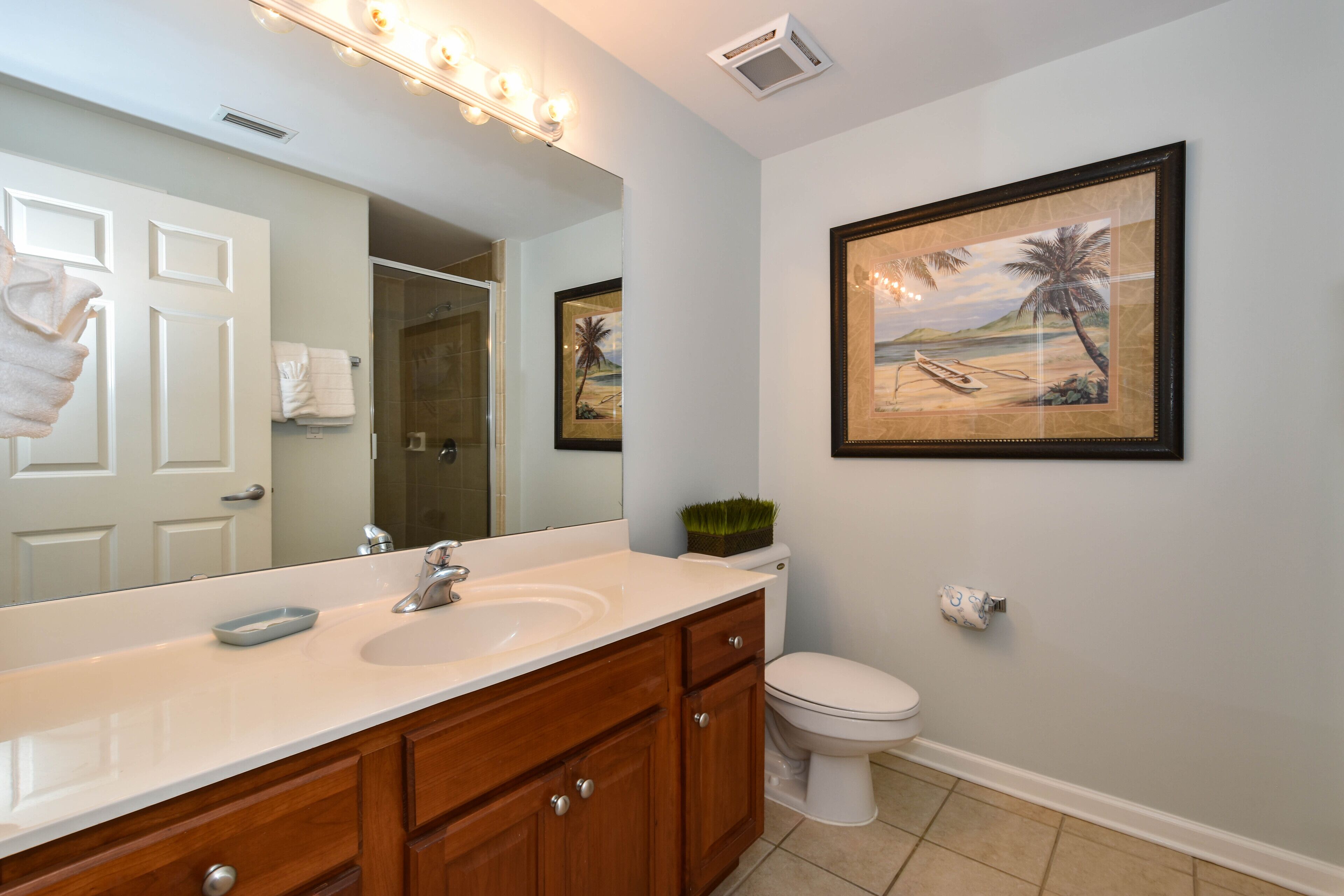 A bathroom with a white sink, wooden vanity, a toilet, a framed beach painting, and a mirror with lights.