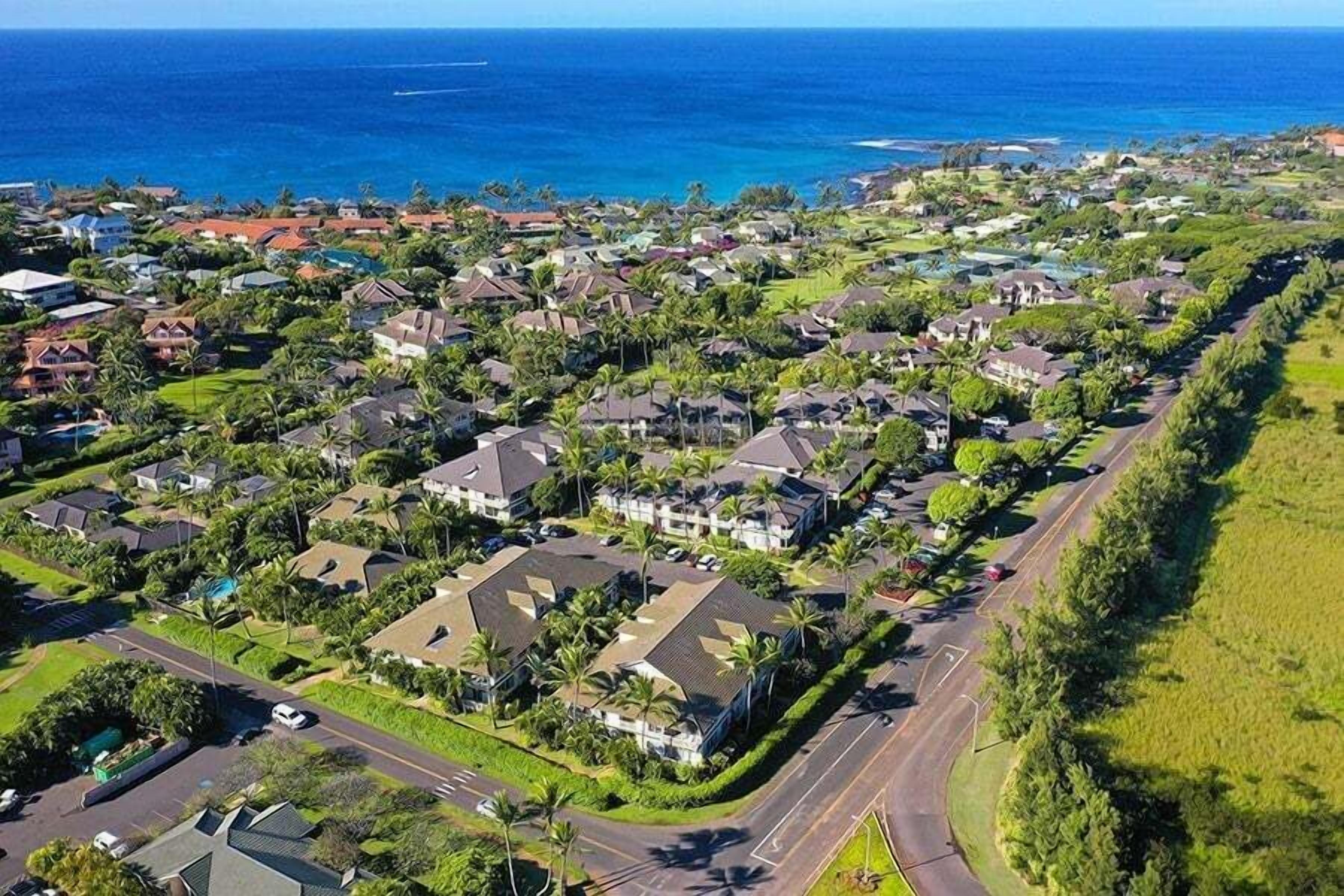 An aerial view of a residential area with houses, roads, and a coastline.