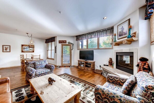 Télévision, cheminée, lecteur de DVD