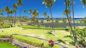 A golf course with palm trees, a pond, and a clear blue sky. - Gorgeous Oceanfront Terrace Condo - Near Beach Club! (Kamuela)