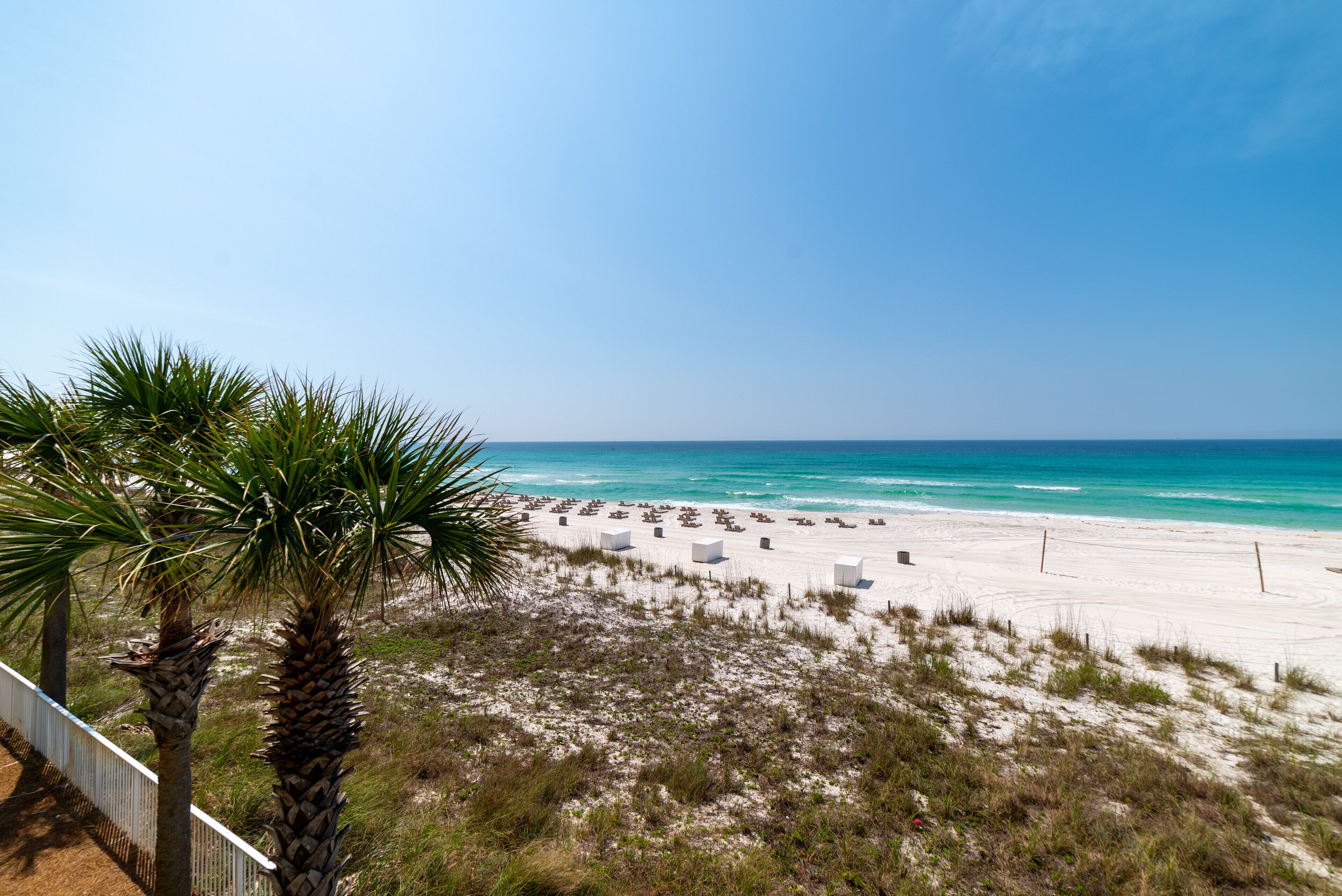Une plage de sable blanc, bordée de palmiers, sous un ciel bleu et dégagé.