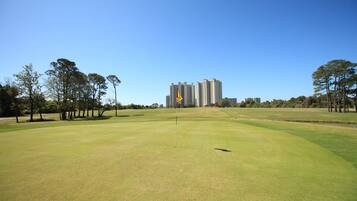 A golf course with a flagstick, trees, and high-rise buildings in the background.