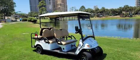 A golf cart parked on a grassy area near a body of water with buildings in the background.
