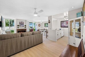 TV, fireplace, DVD player, foosball