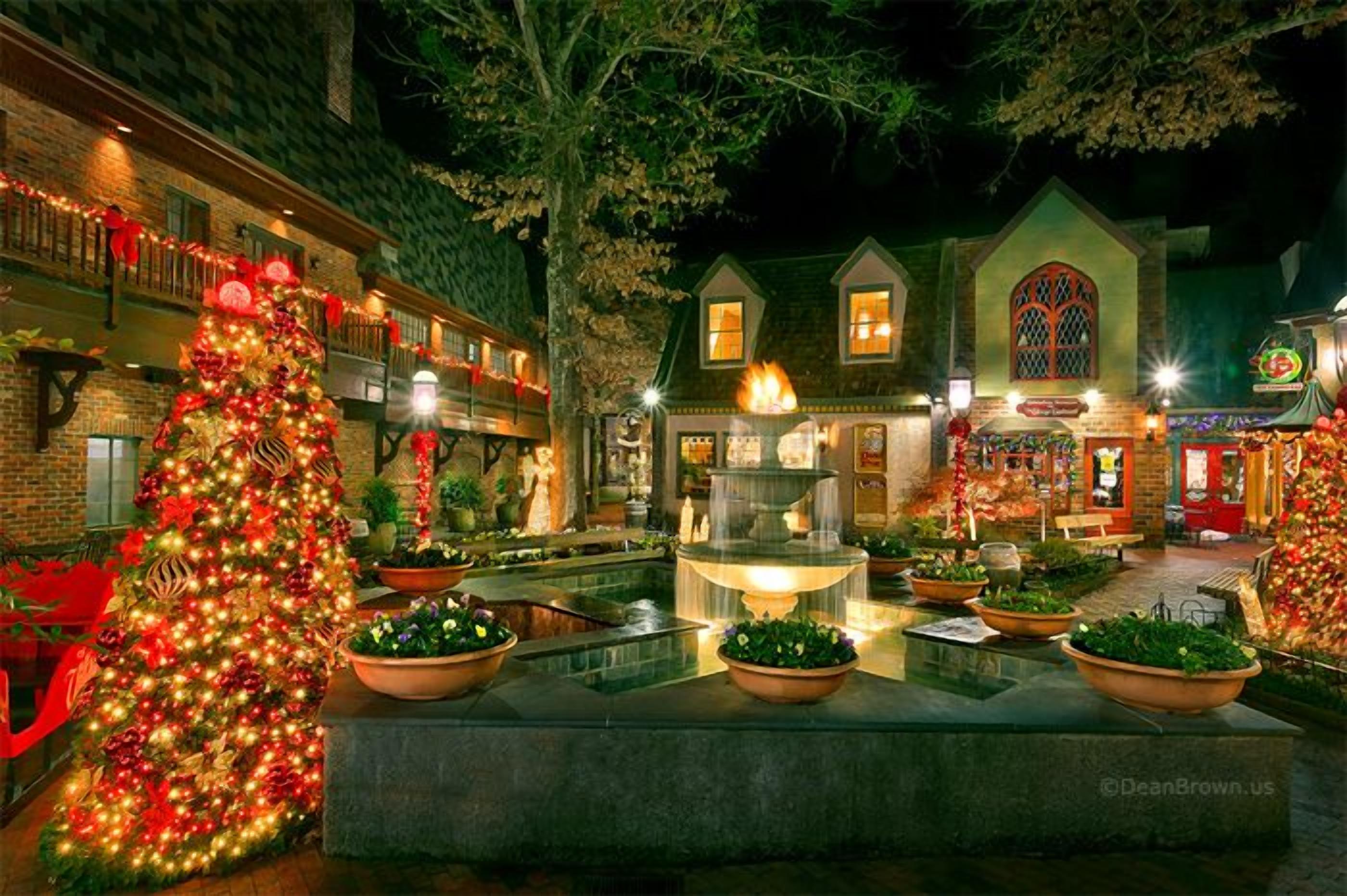 A courtyard with a large Christmas tree, a fountain, and a building with a shop on the right.