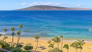 Una playa con agua azul cristalina, palmeras y una montaña distante.