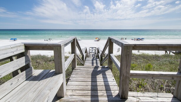 A wooden boardwalk leading to a beach with clear skies.