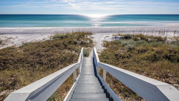 A wooden staircase leading to a beach with a clear view of the ocean. - GULF FRONT! Pet Friendly! Beach Cottage 30A- Dune Allen Beach (Santa Rosa Beach)