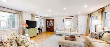 TV, fireplace, books