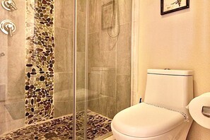 A bathroom with a glass-enclosed shower, a toilet, and a framed picture on the wall. - Endless Summer Modern 2 Bedroom Condo/ Community Pool/ Jacuzzi/ Scottsdale (Scottsdale)
