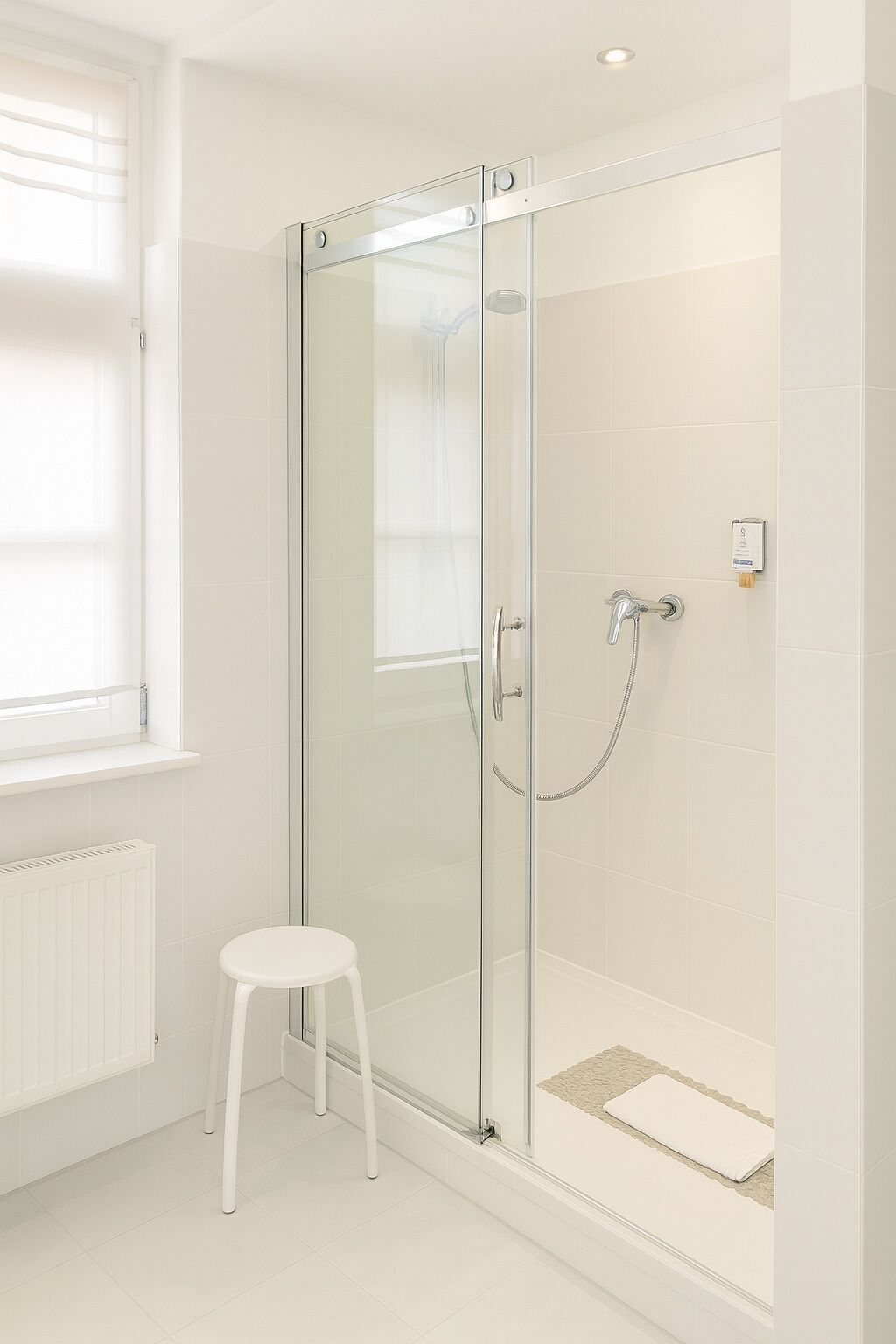 Ein modernes Badezimmer mit einer Glaskabine zur Dusche, einem weißen Heizkörper und einem kleinen weißen Hocker.