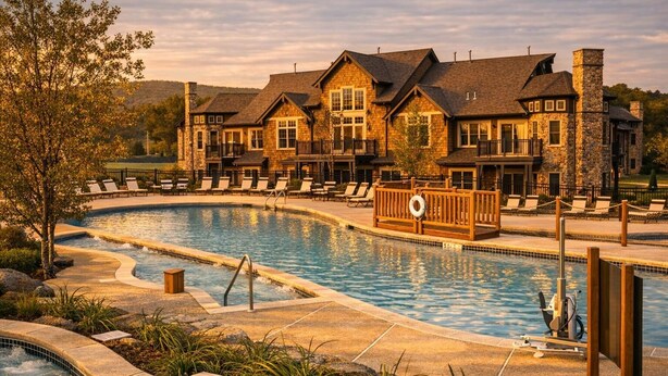 A pool area with lounge chairs, a hot tub, and a stone building with multiple windows. - Lakefront 2BR Condo Across from Mtn Creek #09-23 (vernon)