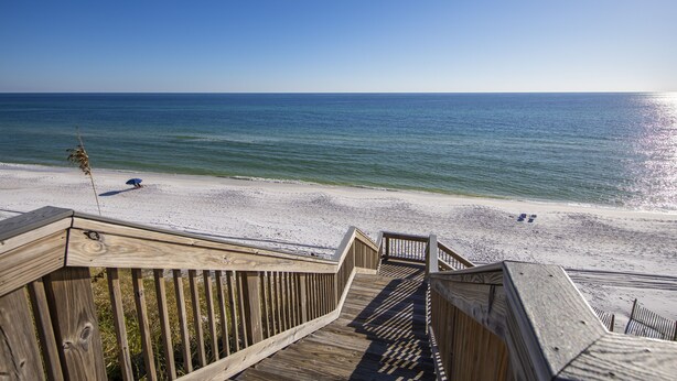 A wooden boardwalk leading to a beach with a clear view of the ocean. - Gulf front townhouse with community pool, incredible views- Blue Mountain Beach (Santa Rosa Beach)