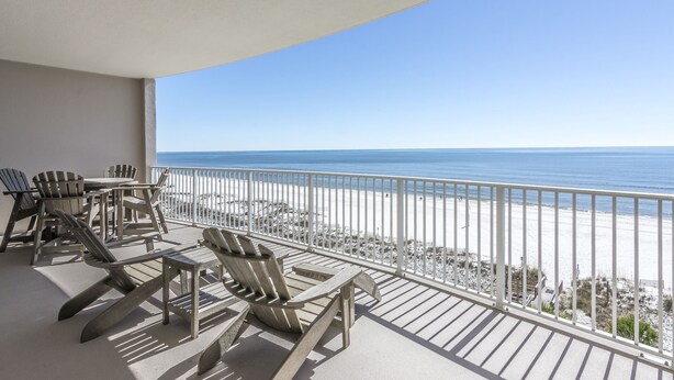 A balcony with a view of the beach and ocean. - Regency Isle 507 by Liquid Life (Orange Beach)