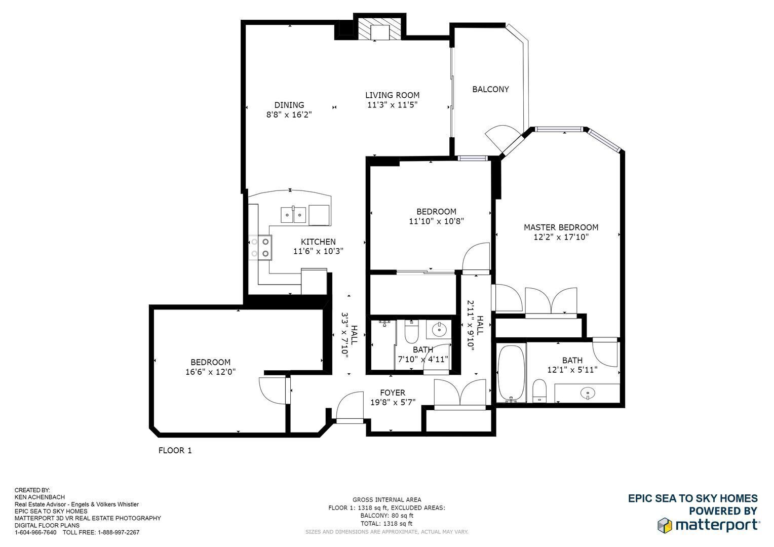 A floor plan of a house with a living room, dining area, kitchen, master bedroom, two bedrooms, a balcony, and a foyer.