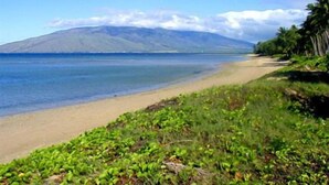 A beach with a clear view of the ocean and a mountain in the distance.