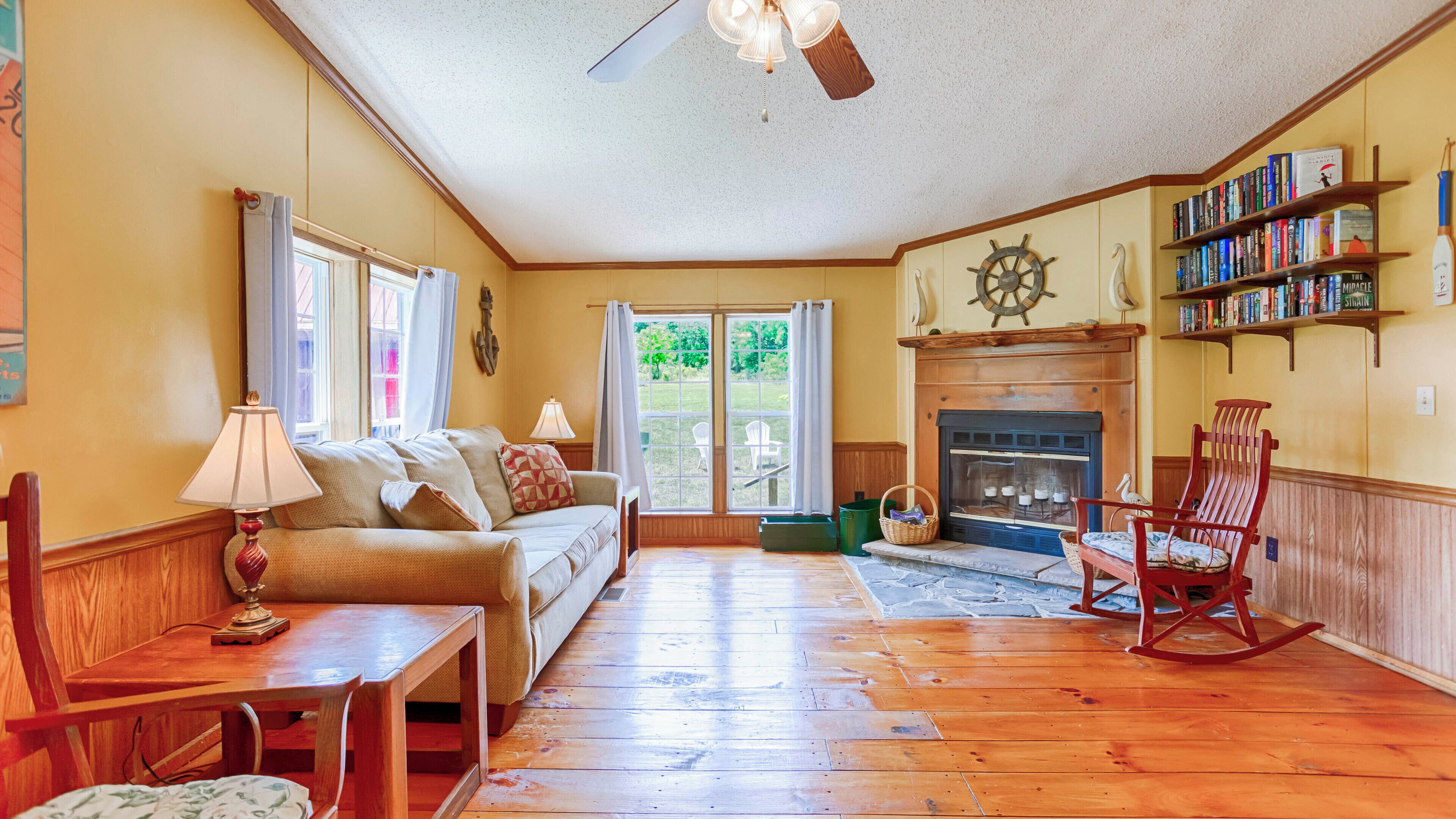 Televisión, chimenea, reproductor de DVD y libros 