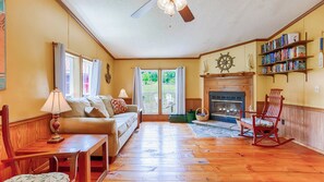 Televisión, chimenea, reproductor de DVD y libros 