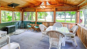 A covered patio with wicker furniture, a table, and a projector screen.