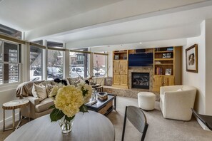 TV, fireplace, DVD player, music library