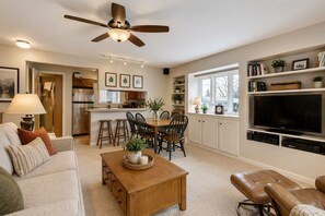 TV, caminetto, libri, impianto stereo