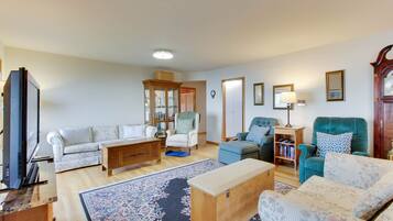 TV, fireplace, DVD player, books