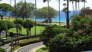 A coastal view with palm trees, a curved road, and a grassy area.