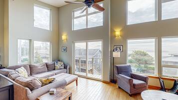 TV, DVD player, video library, stereo