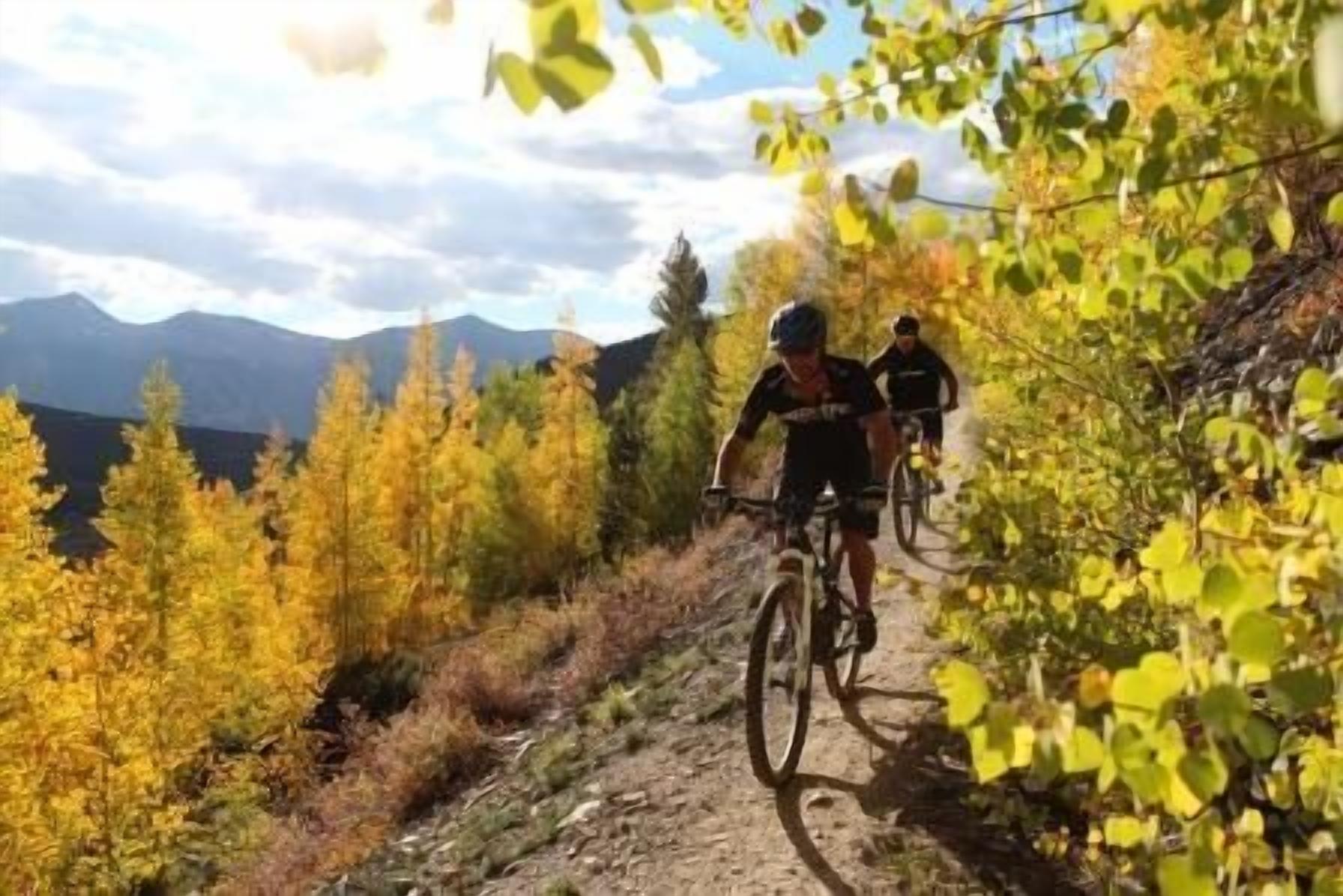 Two cyclists on a dirt path surrounded by autumn foliage and mountains in the background.