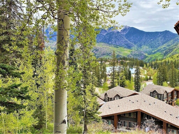 A lodge with a mountain view, surrounded by trees and a lake.