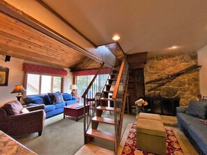 Een televisie, een open haard, een dvd-speler en een filmbibliotheek