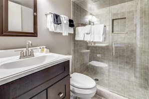 Combined shower/bathtub, hair dryer, towels - Fireplace & Chill - Perfectly Appointed Aspen Condo (Aspen)