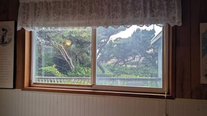 Una ventana con cortina de encaje blanco, marco de madera y vista a árboles y un edificio.