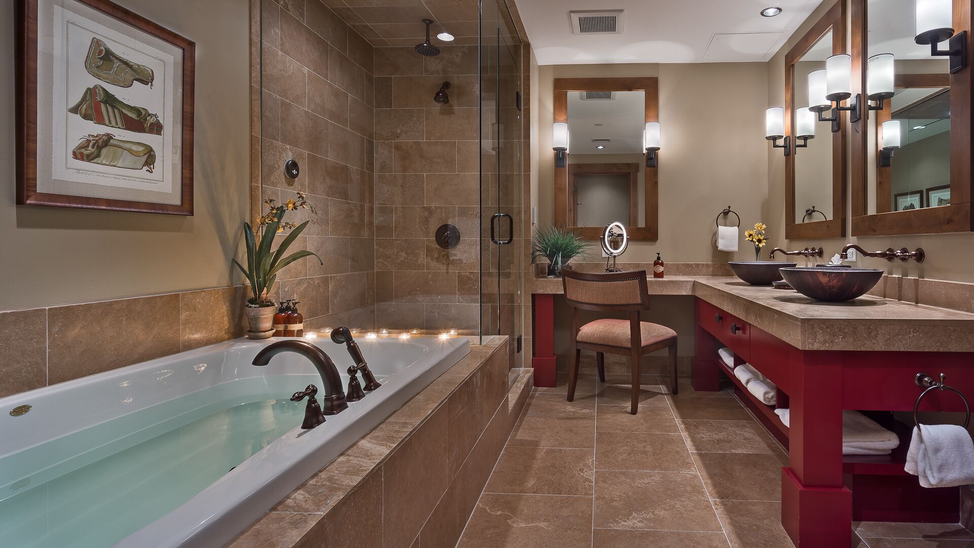 Ein modernes Badezimmer mit einer freistehenden Badewanne, einem Waschtisch mit einer Schüssel und einem großen Spiegel.