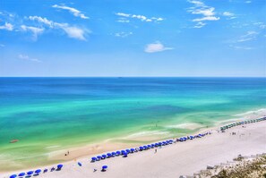 A beach with a row of blue umbrellas and a clear view of the ocean.