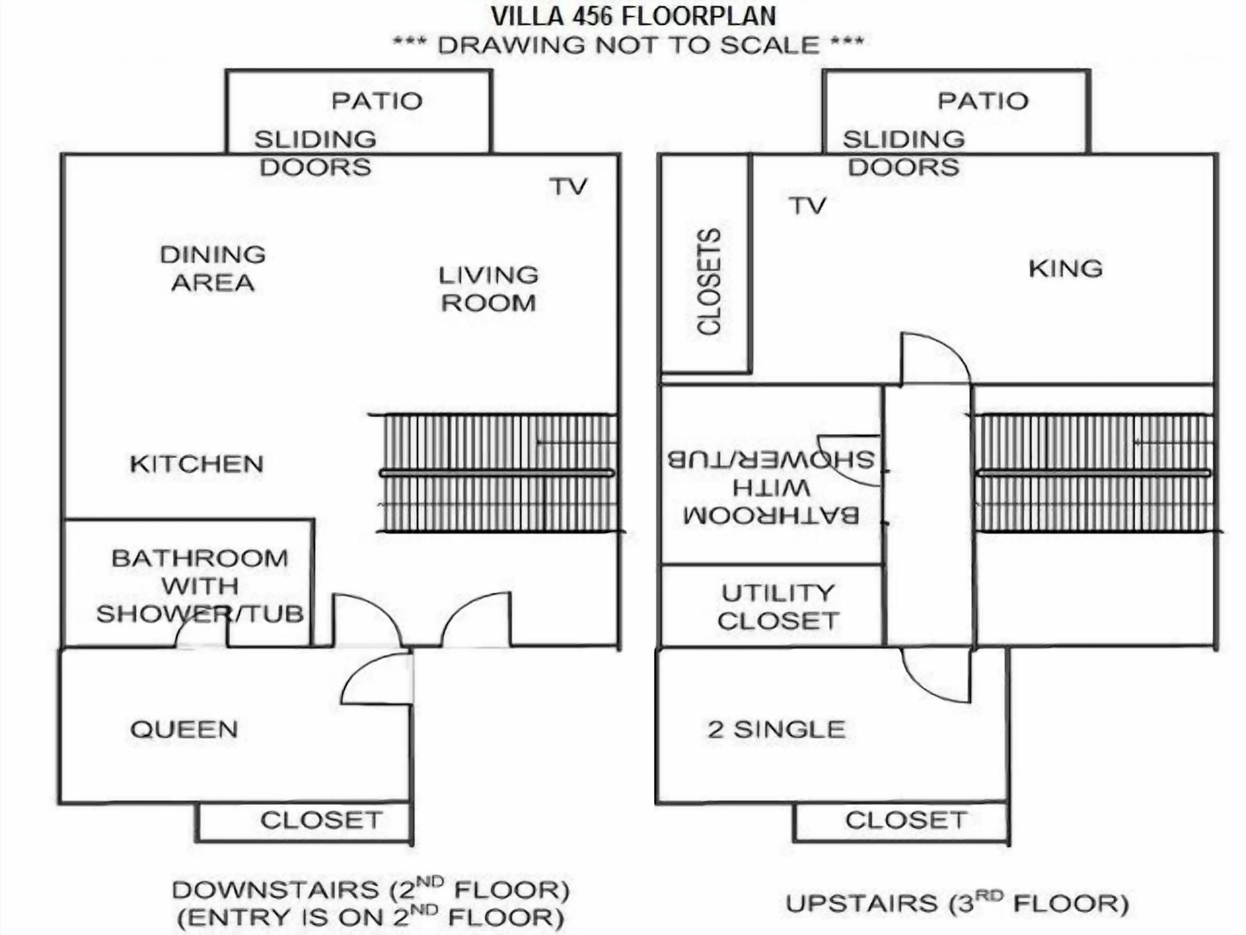 En planritning över Villa 456, som visar en matplats, ett kök, ett badrum, ett vardagsrum och två sovrum, varav det ena är märkt med ”Queen” och det andra med ”King”.