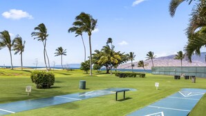 Un terrain de jeu de shuffleboard avec un panneau indiquant : « DÉGAGEZ LE PASSE-PLAT ».