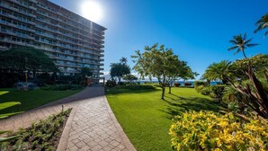 Un hotel con un edificio imponente, un vialetto lastricato e prati curati con piante tropicali.