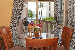 Seating area with view of Sugar Beach and the Ocean.