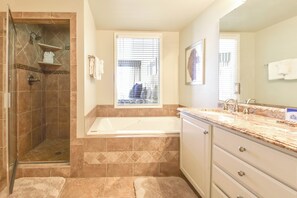 Shower, jetted bath, hair dryer, towels