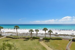 A beach view with palm trees, a pathway, and beach umbrellas.