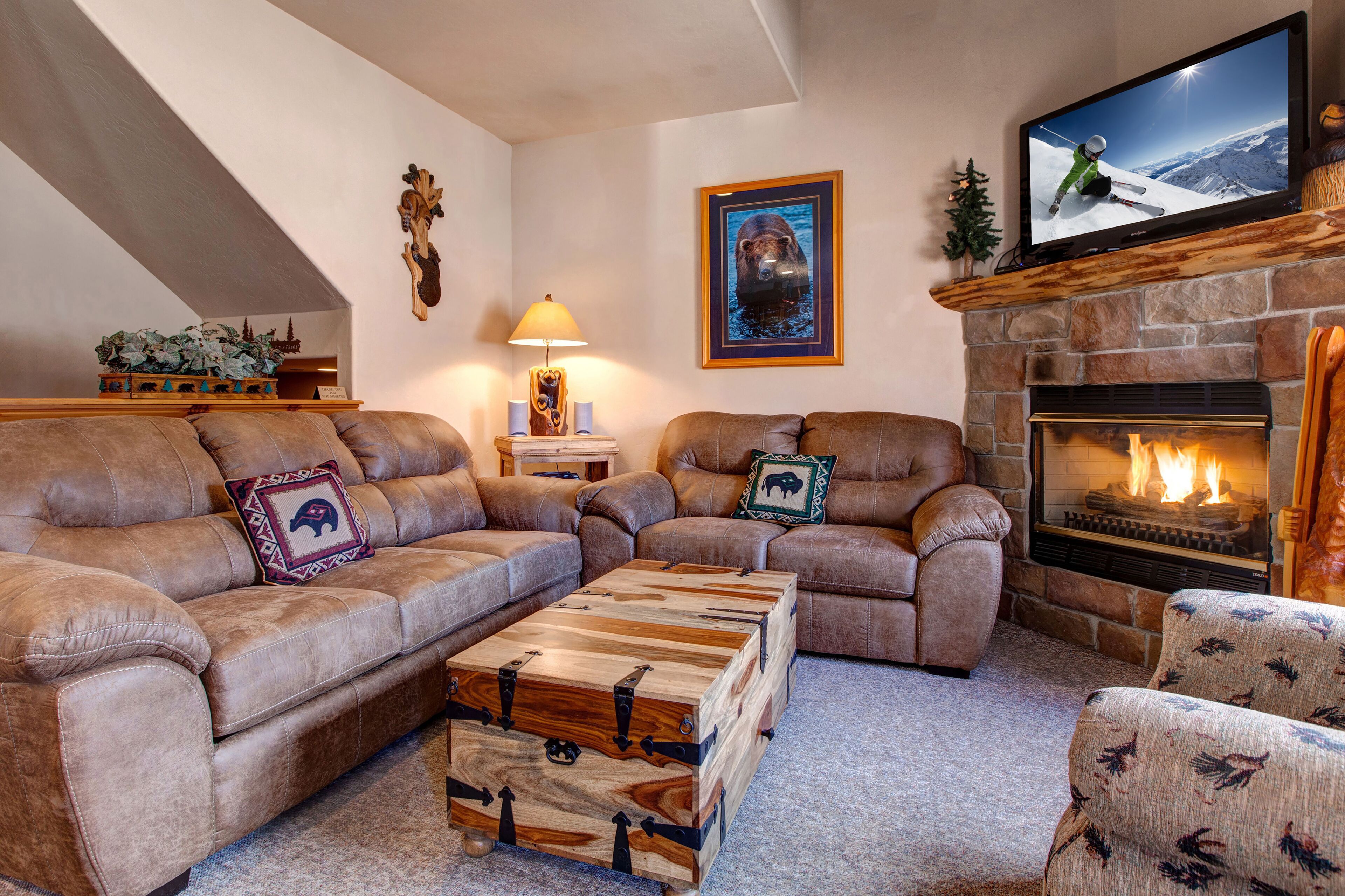 Televisión, chimenea, reproductor de DVD y estéreo 