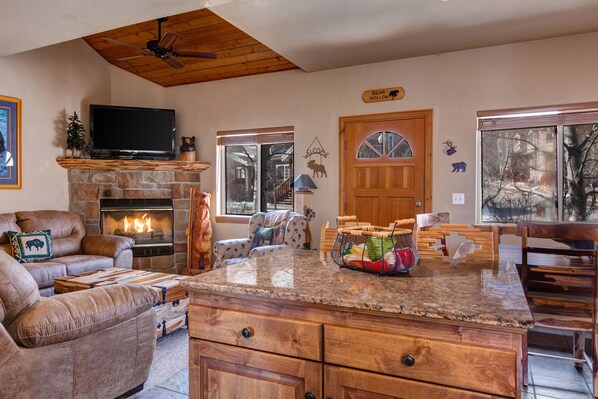 Télévision, cheminée, lecteur de DVD, chaîne hi-fi