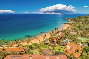 A coastal resort with a beach, palm trees, and a mountain in the background.